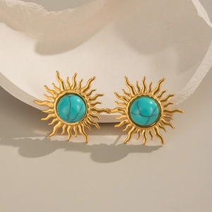 Vintage sun shaped gold earrings with turquoise natural stone center for women