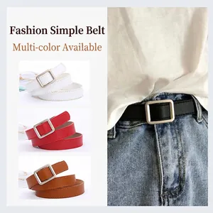 Women's Faux Leather Belt With Square Metal Buckle Minimalist Casual Solid Color Holeless Waist Belt For Jeans Fashion Dress Accessory