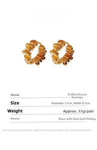 Detailed view of 17mm gold pleated textured hoop earrings with dimensions and specifications