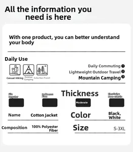 Detailed chart showing 100% polyester material and sizing for men's hooded puffer coat