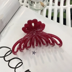 Large burgundy red flower claw clip with acrylic bow design and non-slip hair grip
