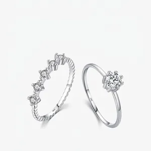 925 Sterling Silver Cubic Zirconia Rings Simple Six-Prong Solitaire And Row Stackable Elegant Jewelry For Women