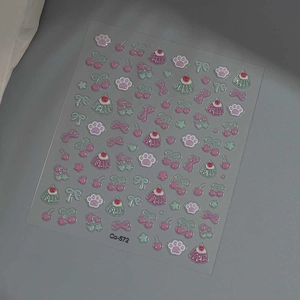 Detailed view of 3D cute cartoon stickers featuring pink cat paws and cherry patterns