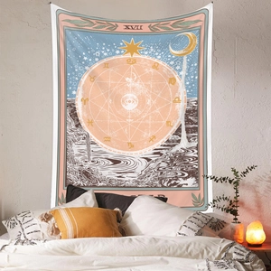 Detailed view of The Star tarot moon phase tapestry with soft bedroom lighting