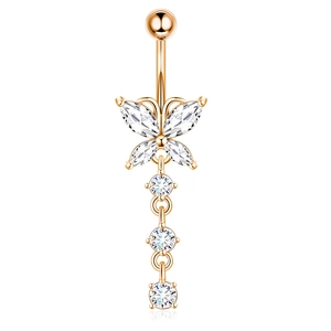 Detailed view of a rose gold butterfly belly button ring with dangling clear zircons