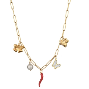 Golden paperclip chain necklace featuring butterfly, red pepper, and leaf charms