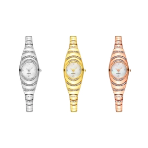 Fashion women's quartz bracelet watch with sparkling rhinestones in gold, silver, and rose gold