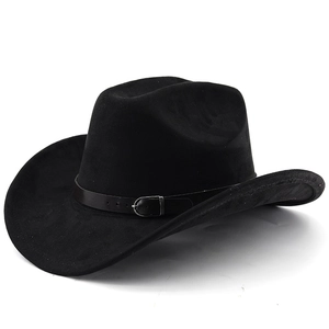 Detailansicht des schwarzen Wildleder-Cowboyhuts mit Lederband und Metallschnalle