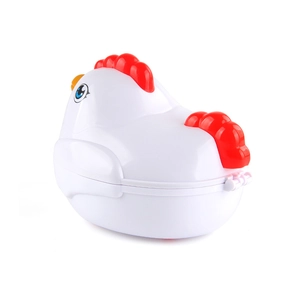 Cartoon chicken shaped microwave egg cooker made of white plastic with red accents