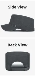 Detail of dark gray cadet cap showing metal logo on side and adjustable back strap