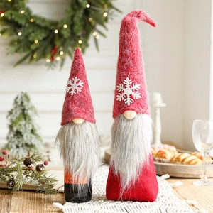 Christmas Gnome Wine Bottle Cover Red Hat Snowflake Pattern Plush Long Beard Holiday Table Decoration Gnome Doll Decor