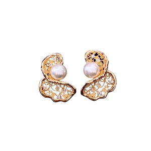 18K gold plated pearl flower earrings with hollow metal frame and sparkling rhinestones