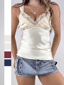 Satin Cami Top Lace Patchwork Rhinestone Beaded V Neck Sleeveless Y2K Streetwear Slim Fit Satin Like Sexy Women
