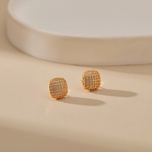 Classic small square 18K gold plated stud earrings with pavé cubic zirconia stones