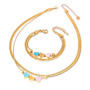 Titanium steel jewelry set with double layer snake chain and three colorful heart pendants