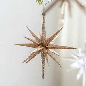 Sparkling champagne gold star Christmas tree ornament with glitter finish and hanging string