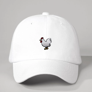 Adjustable white cotton baseball cap featuring detailed colorful chicken embroidery on front