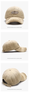 Three angles of khaki distressed baseball cap with drink embroidery and metal buckle