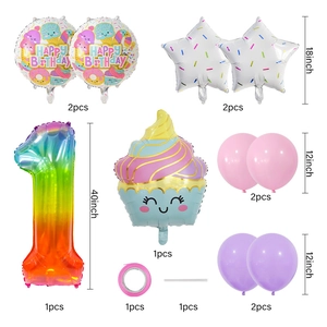 Rainbow gradient number 1 balloon set with cupcake and stars for 1st birthday party deco