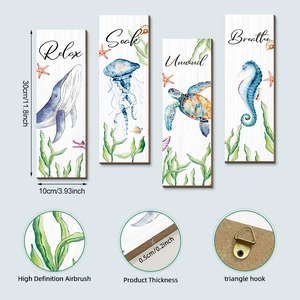 Set of 4 nautical ocean wall art featuring sea turtle and whale watercolor prints