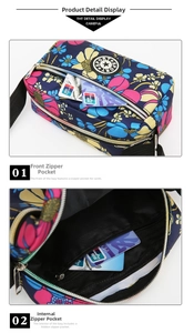 Close-up of floral nylon crossbody bag with front zipper pocket and durable sport strap