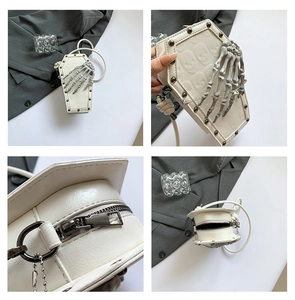 Gothic white coffin crossbody bag with skull hand detail and textured PU leather
