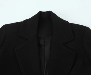 Macro shot of notch lapel and fine stitching on a black slim-fit wool coat