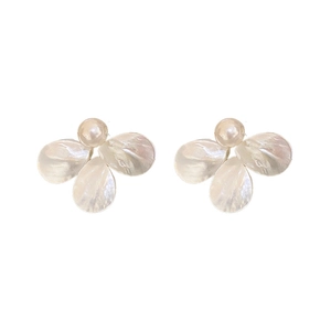 Elegant flower stud earrings with shimmering mother-of-pearl petals and a central pearl accent
