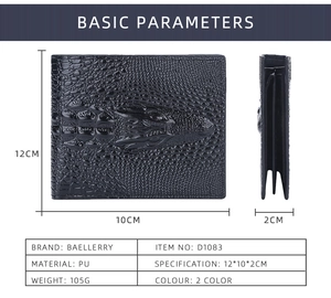 Detailed dimensions of a black crocodile texture short bifold wallet for men