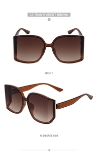 Front and 45-degree side view of oversized transparent brown curved lens sunglasses