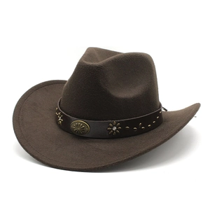 Retro Western Cowboy Hat Woolen Felt Wide Brim Leather Band Vintage Metal Rivets Ethnic Style Unisex Sun Protection