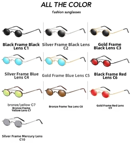 Collection of steampunk round sunglasses in ten different lens and frame color variants