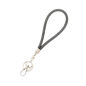 Stylish black braided keychain lanyard with silver metal clip on white background