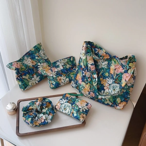 Floral print cotton tote bag set with matching zipper pouches and hair scrunchie