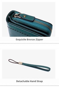 Detail of green leather wallet featuring bronze zipper and detachable wrist strap