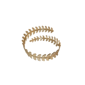 Minimalist golden leaf spiral arm cuff bracelet with polished finish on white background