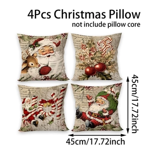 Set of 4 Christmas pillow covers with vintage gingerbread and Santa prints, 18x18 inches