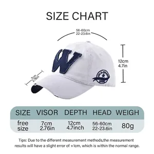 Guide des tailles pour casquette de baseball vintage avec broderie W et mesures