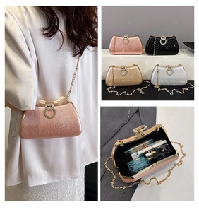 Evening clutch bag collection featuring glitter fabric with chain strap in four colors