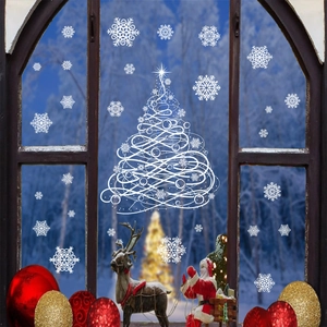 Christmas Window Stickers White Snowflake Christmas Tree Decals Static Cling PVC Removable Glass Door Decor For Holiday Party Home