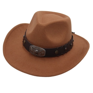 Western Cowboy Hat Retro Felt Wide Curved Brim With Leather Band And Bull Head Metal Buckle Ethnic Style