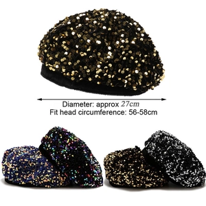 Sequin velvet beret detail showing 27cm diameter and 56-58cm head circumference size