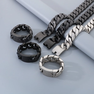 Men's 304 stainless steel Cuban chain bracelet and ring set in silver black and grey