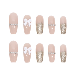 French ballet press-on nails with 3D bows, silver glitter gradient and rhinestones