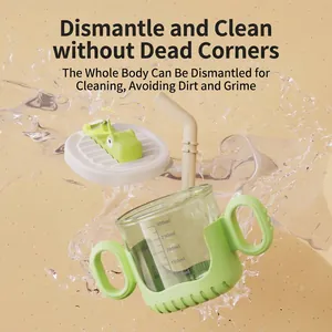 Tazza per bambini con manici, scala graduata da 300ml e cannuccia in design a schizzi d'acqua