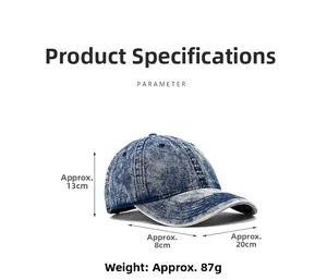 Dettaglio del cappellino in denim lavato con dimensioni specifiche e misure di peso reali