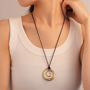 Minimalist Alloy Spiral Pendant Necklace With Black Wax Rope Geometric Vortex Design Creative Jewelry For Women Elegant