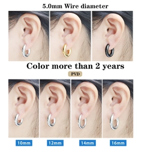 Detailed size chart for 5mm thick stainless steel hoop earrings in gold, silver and black