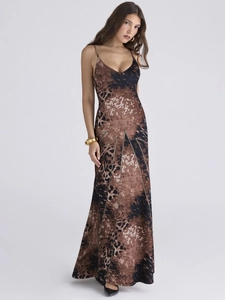 Women's slim fit leopard print spaghetti strap maxi dress with a brown pattern