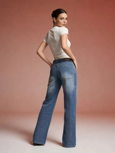 Rear view of classic blue high-waist straight jeans showing back pockets and fit